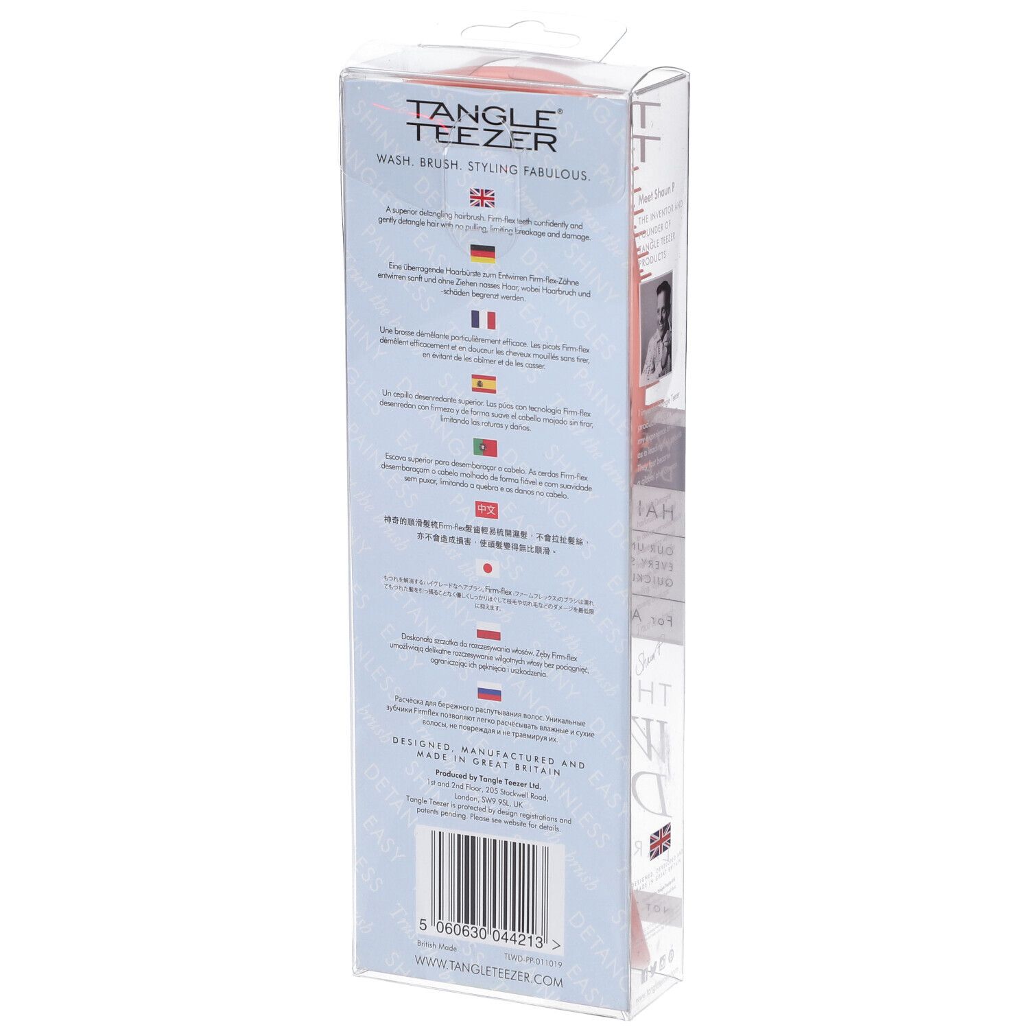 Retro della confezione della spazzola districante Tangle Teezer Wet Detangling corallo, taglia Large, con informazioni multilingue.