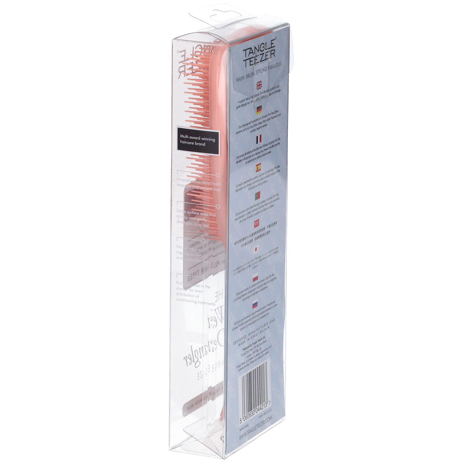 Vista laterale della confezione della spazzola districante Tangle Teezer Wet Detangling corallo, taglia Large, con istruzioni multilingue.