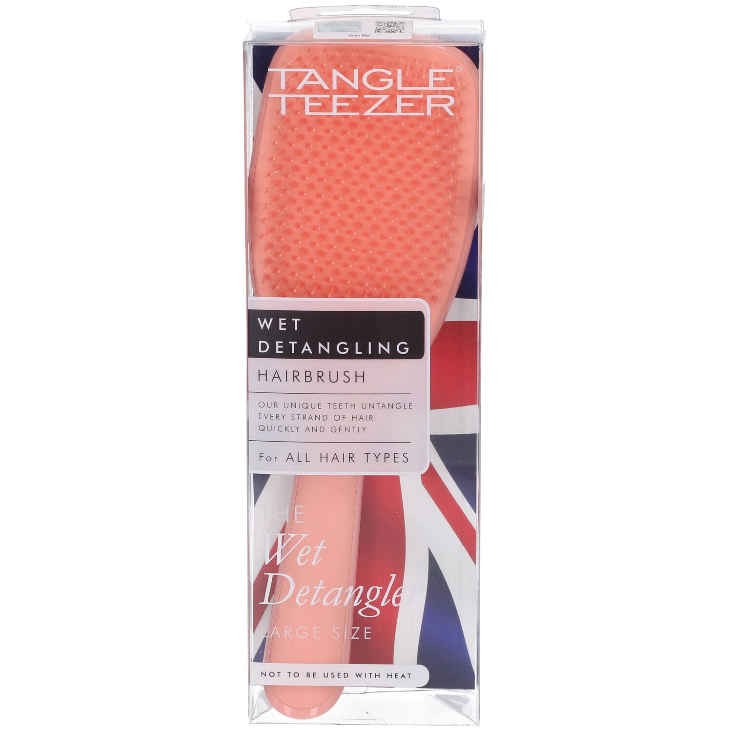 Spazzola districante Tangle Teezer Wet Detangling corallo, taglia Large, in confezione trasparente Union Jack.