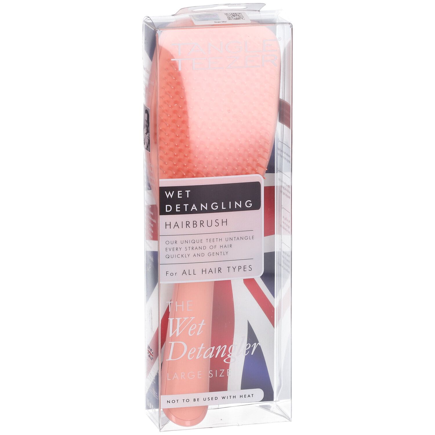 Spazzola districante Tangle Teezer Wet Detangling corallo, taglia Large, in confezione trasparente Union Jack.