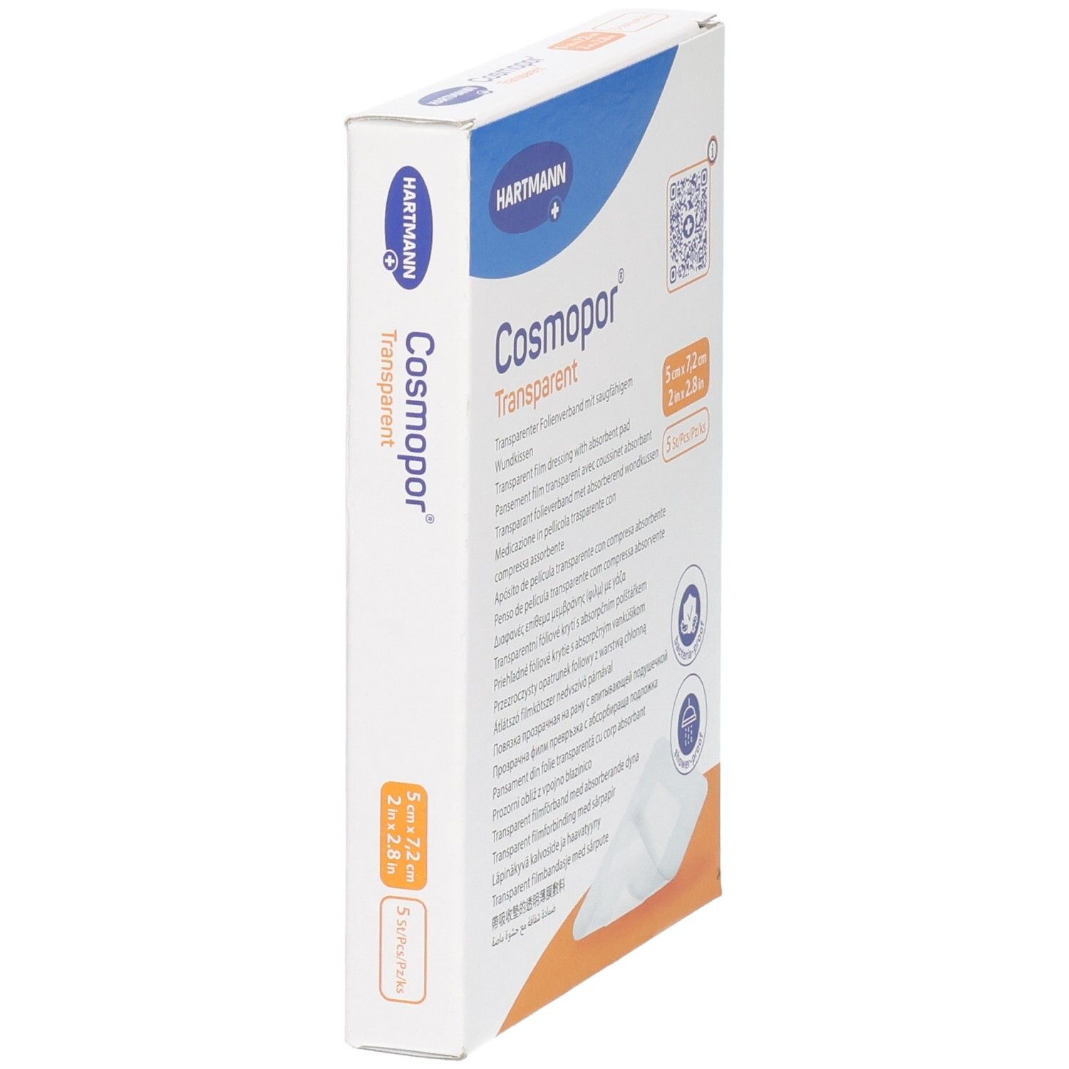 Confezione Cosmopor Transparent medicazione 5x7,2 cm, 5 pezzi. Sterile, antibatterico, resistente all'acqua.