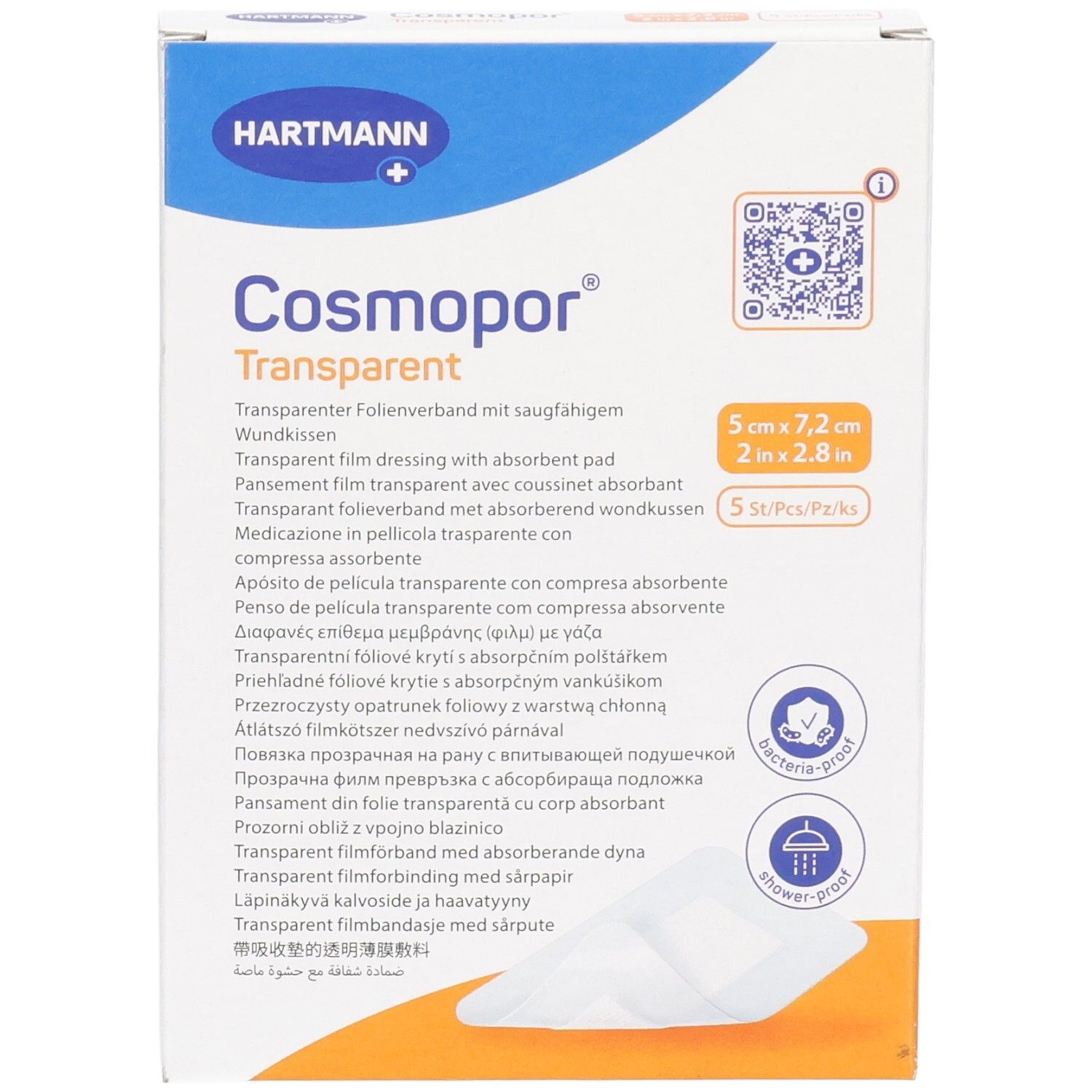 Confezione Cosmopor Transparent medicazione 5x7,2 cm, 5 pezzi. Sterile, antibatterico, resistente all'acqua.