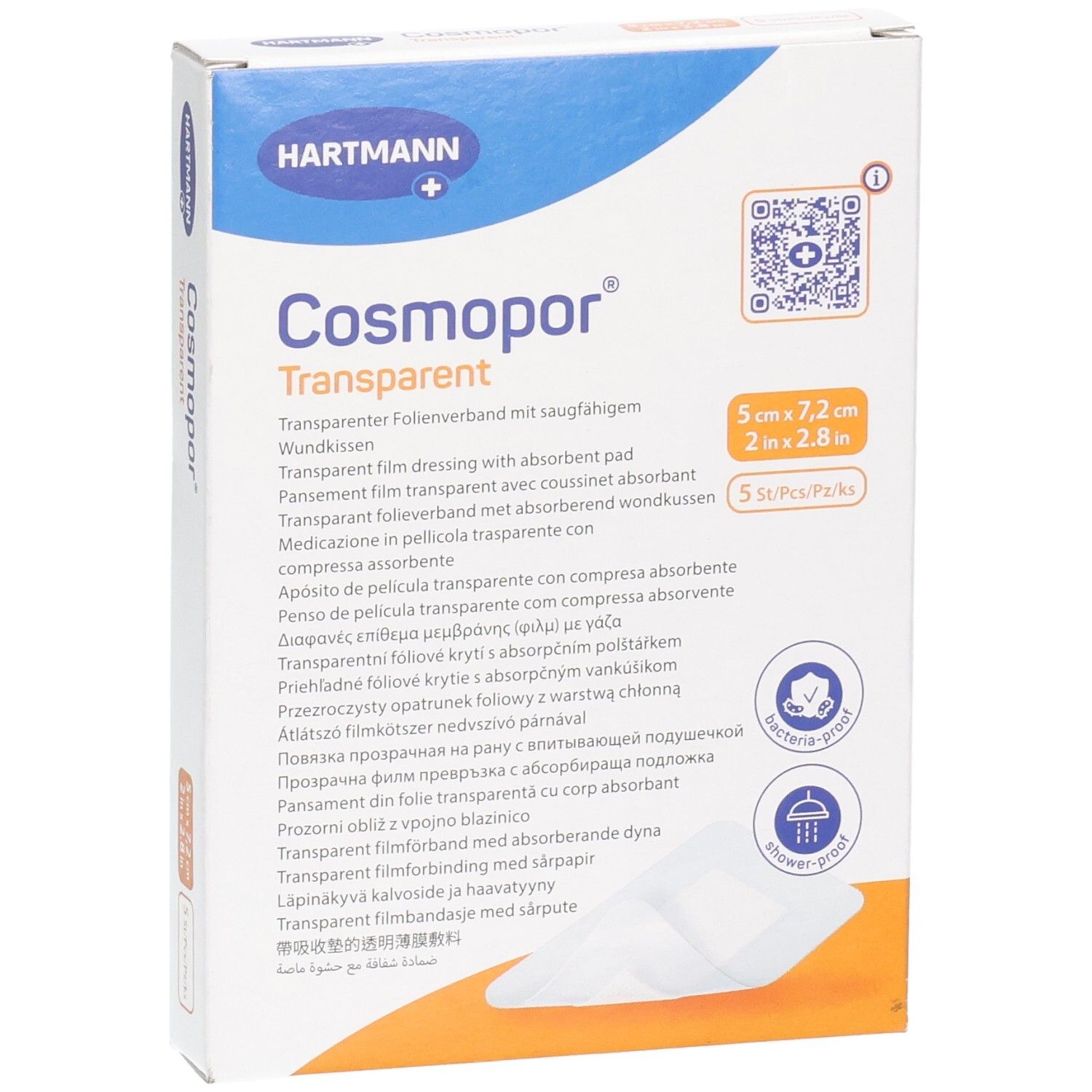 Confezione Cosmopor Transparent medicazione 5x7,2 cm, 5 pezzi. Sterile, antibatterico, resistente all'acqua.