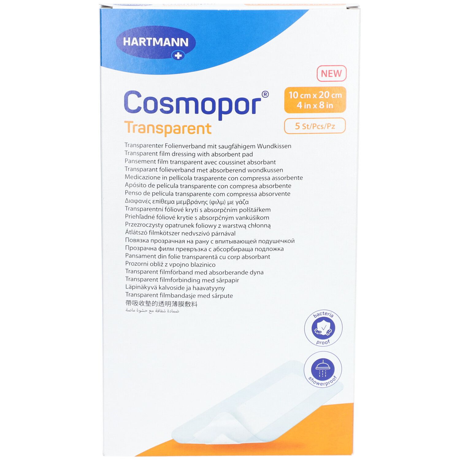 Vista frontale della confezione di COSMOPOR transparent. Dimensione: 10x20 cm. 5 pezzi. Marchio HARTMANN. Con tampone assorbente.