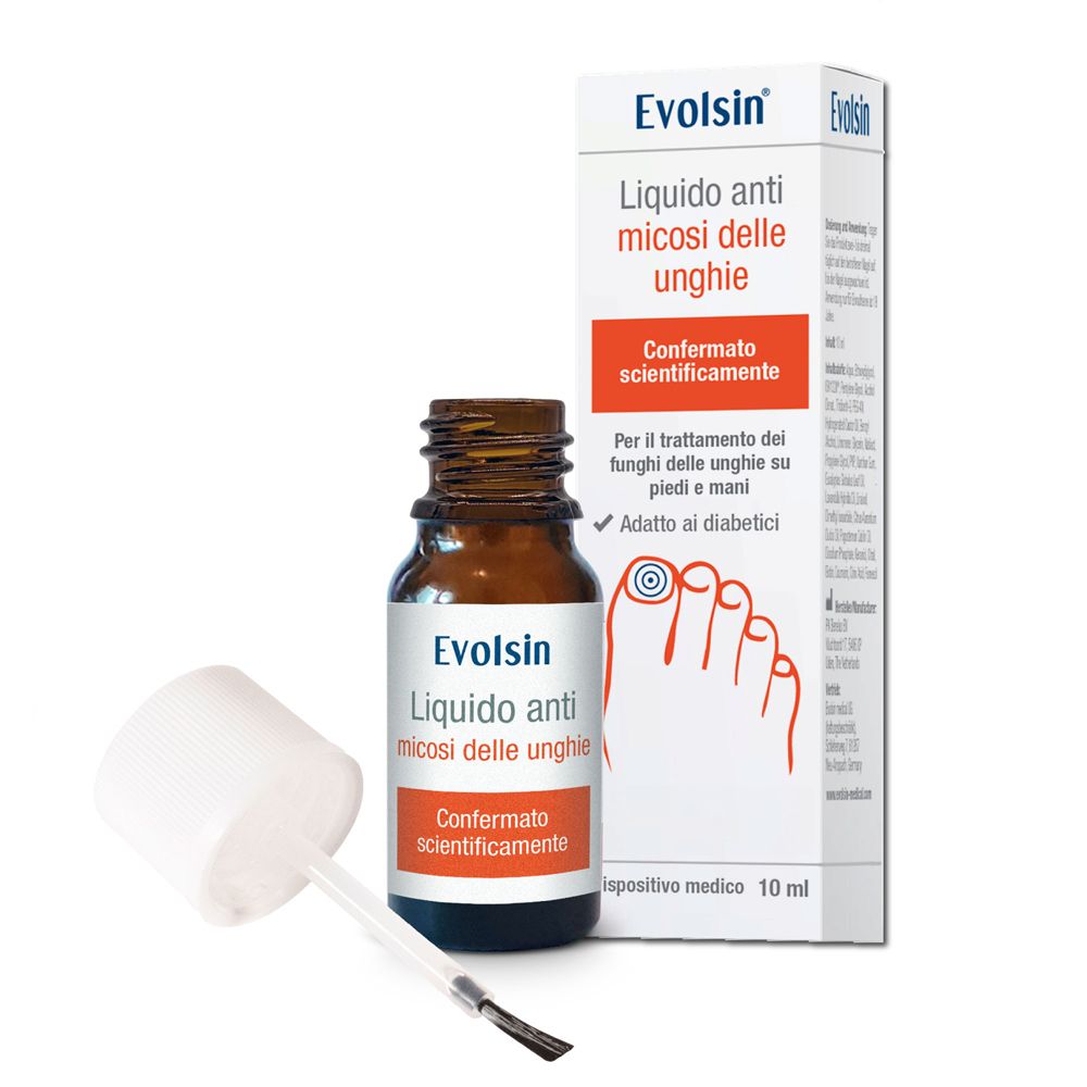 Flacone e confezione marrone Evolsin Liquid. Sigillo Dermatest.