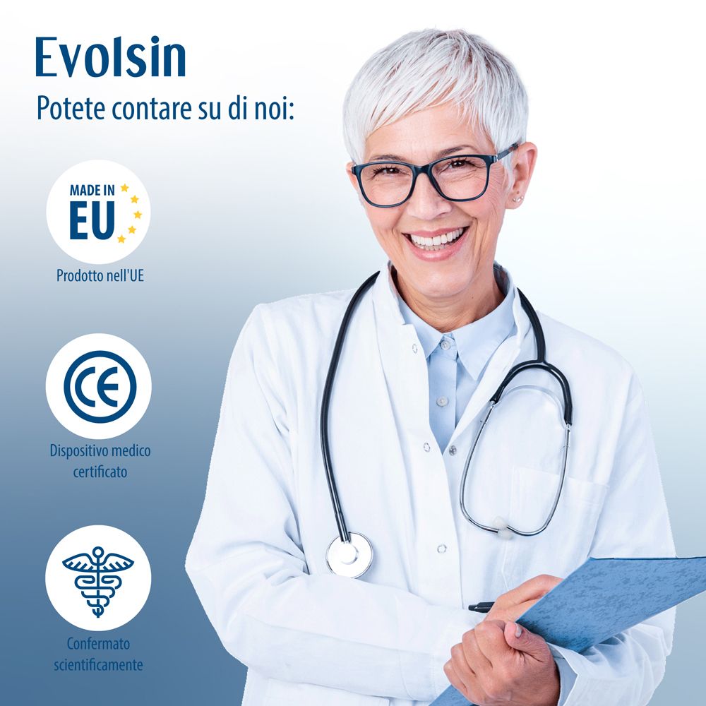 Istruzioni per l'uso: applicare 2 volte al giorno. Evolsin Liquid. Flacone.