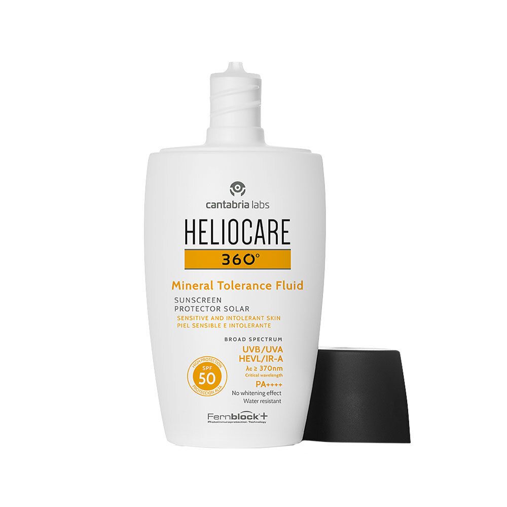 Flacone bianco con tappo nero. Scritta: HELIOCARE 360° Mineral Tolerance Fluid SPF 50. Senza tappo.