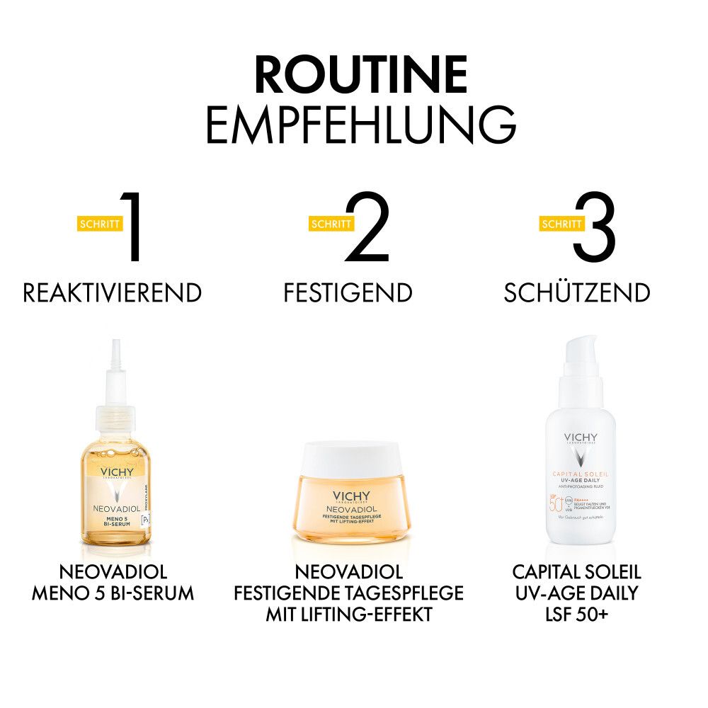 Raccomandazione: 3 passaggi. 1: Meno 5 Bi-Siero. 2: Trattamento giorno rassodante. 3: Capital Soleil UV-Age Daily SPF 50+.