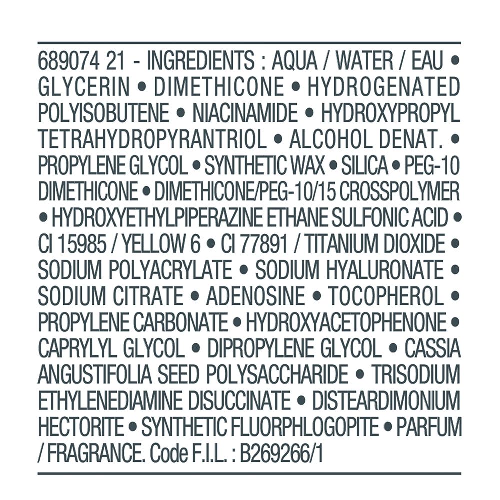 Elenco ingredienti. Aqua, glicerina, dimeticone, niacinamide, idrossipropil tetraidropirantriolo, ecc.