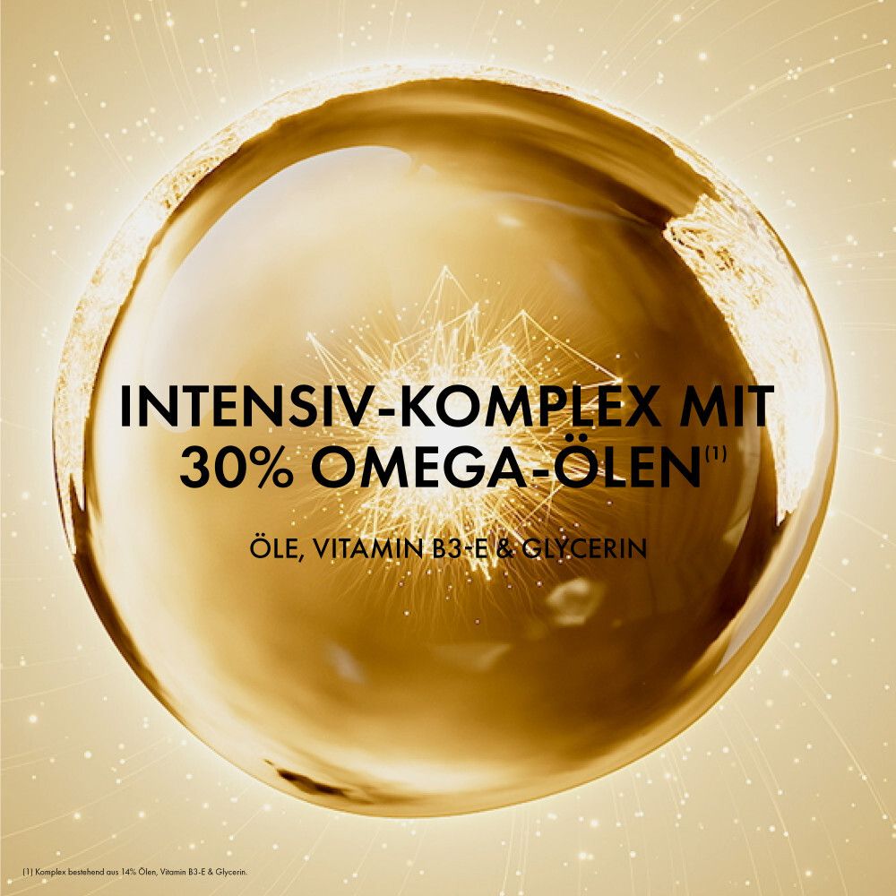 Grande bolla dorata con testo 'Complesso intensivo con 30% di oli Omega. Oli, Vitamina B3-E e Glicerina.'