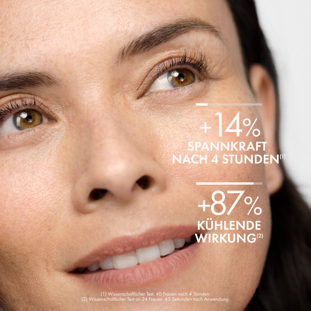 Primo piano di una donna. Testo: +14% tonicità dopo 4 ore, +87% effetto rinfrescante.