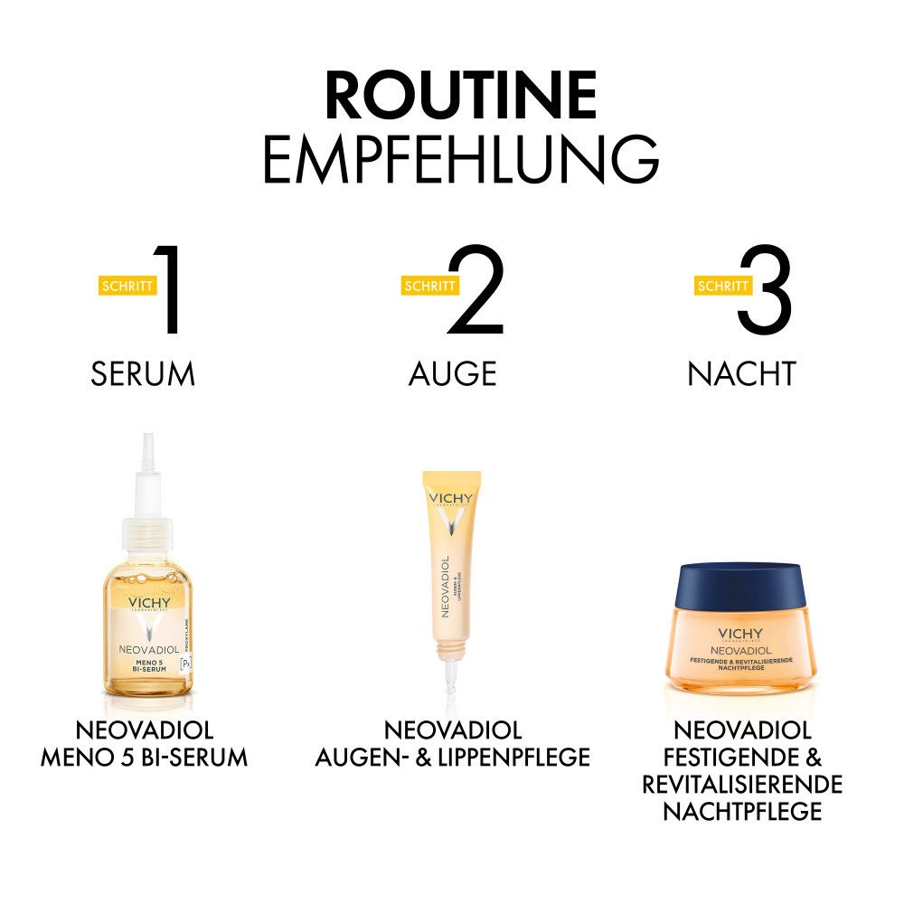 Raccomandazione: Siero, contorno occhi, trattamento notte. Prodotti: VICHY Neovadiol Siero, contorno occhi, trattamento notte.