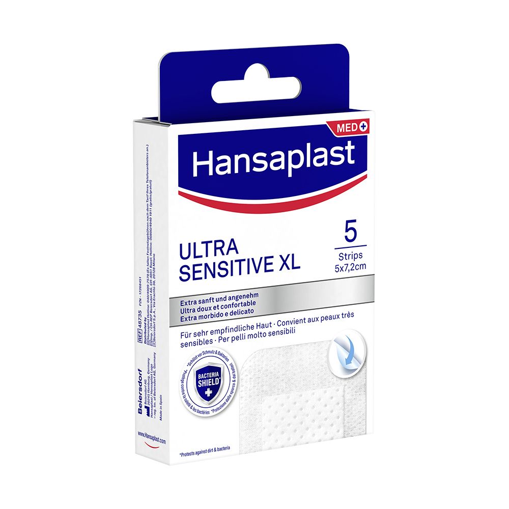 Confezione Hansaplast Ultra Sensitive XL da 5 medicazioni, 5x7,2 cm. Per pelli molto sensibili.