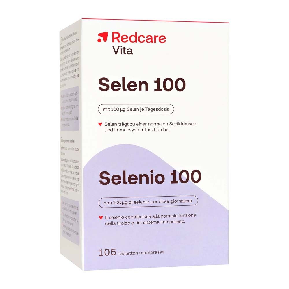 Scatola Redcare Vita Selen 100. Scritte Selen 100 e Selenio 100. 105 compresse.