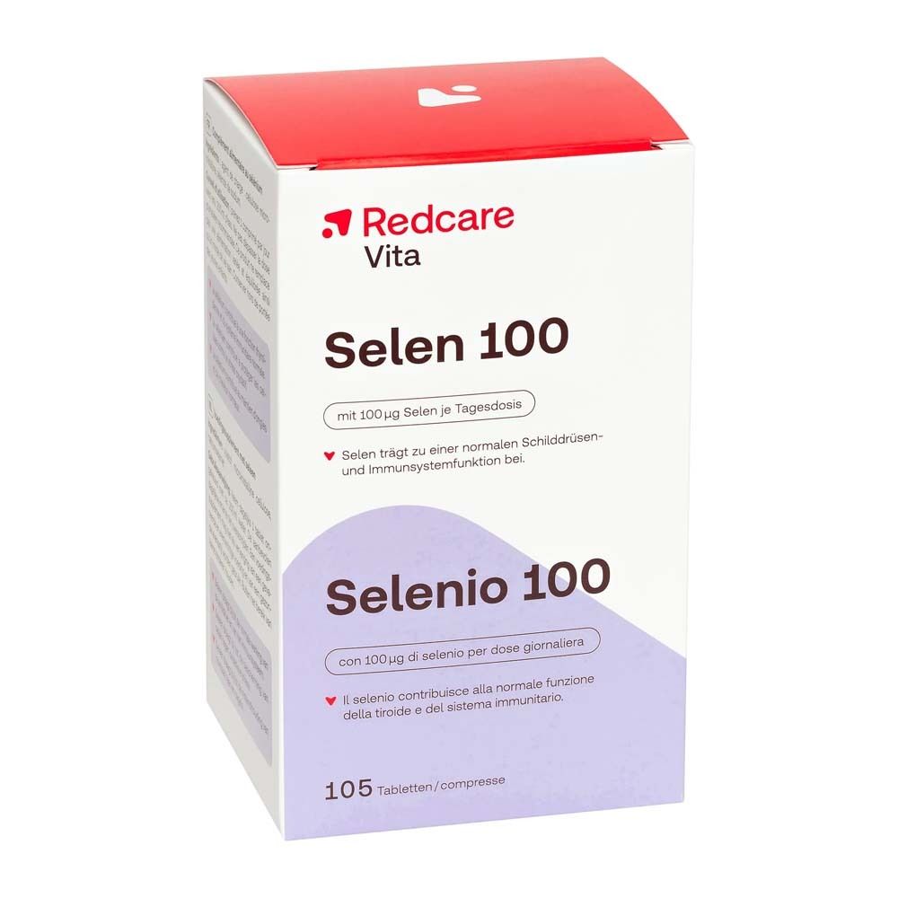 Scatola Redcare Vita Selen 100. Scritte Selen 100 e Selenio 100. 105 compresse.