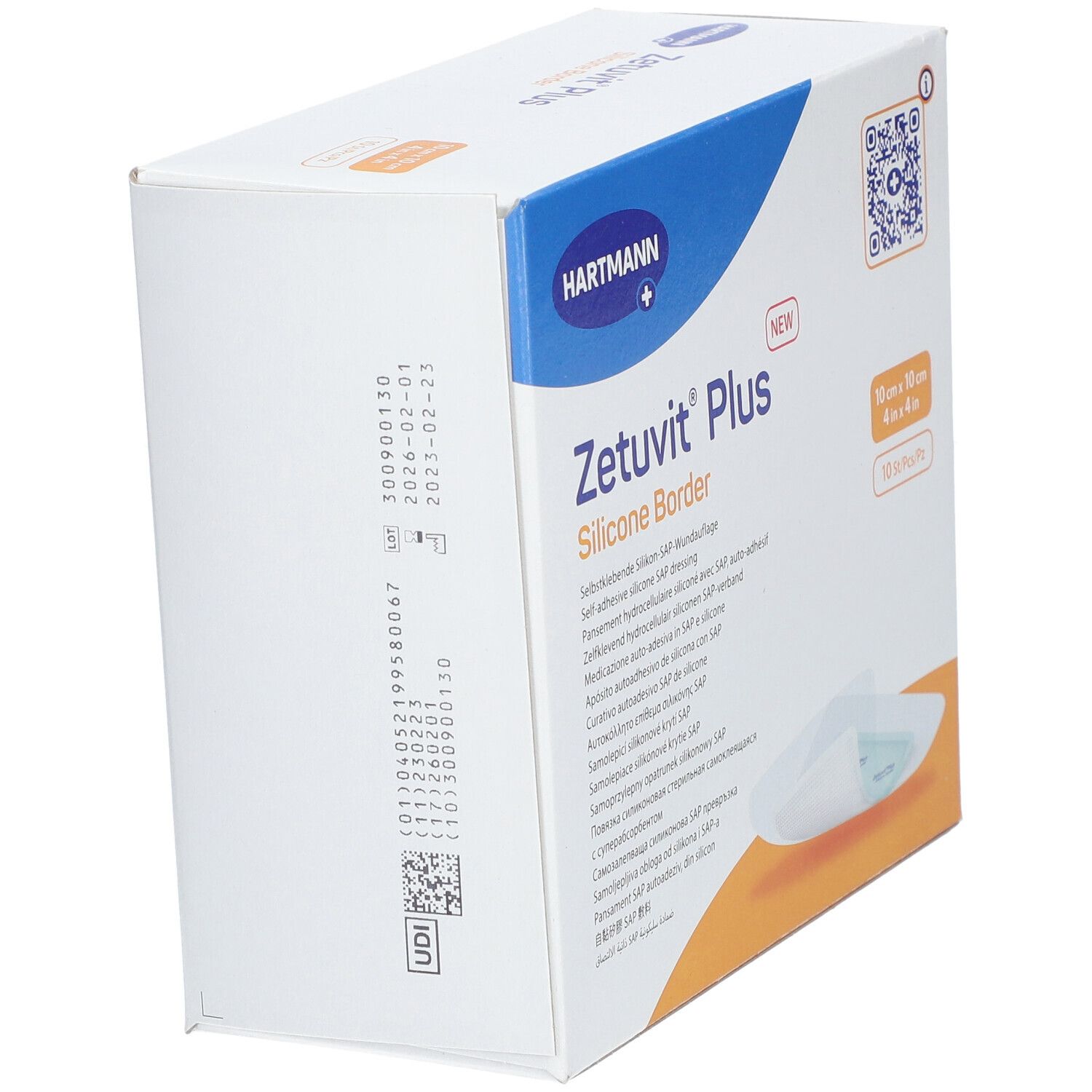 Vista laterale della confezione Zetuvit® Plus Silicone Border. Mostra nome prodotto, marchio Hartmann e codice QR. Contiene informazioni sulla durata.