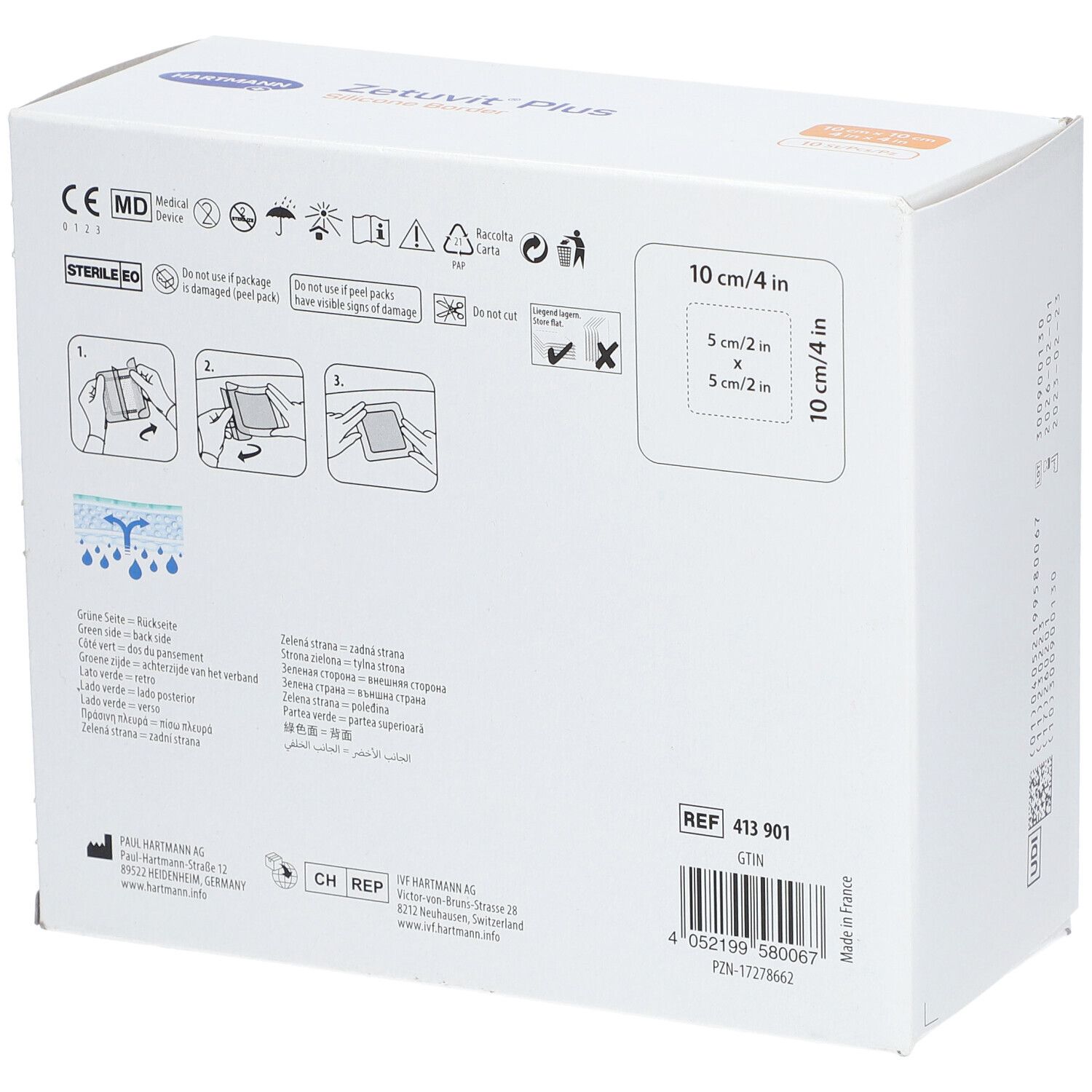 Retro della confezione Zetuvit® Plus Silicone Border. Mostra informazioni sul prodotto, simboli, dimensioni e informazioni del produttore.