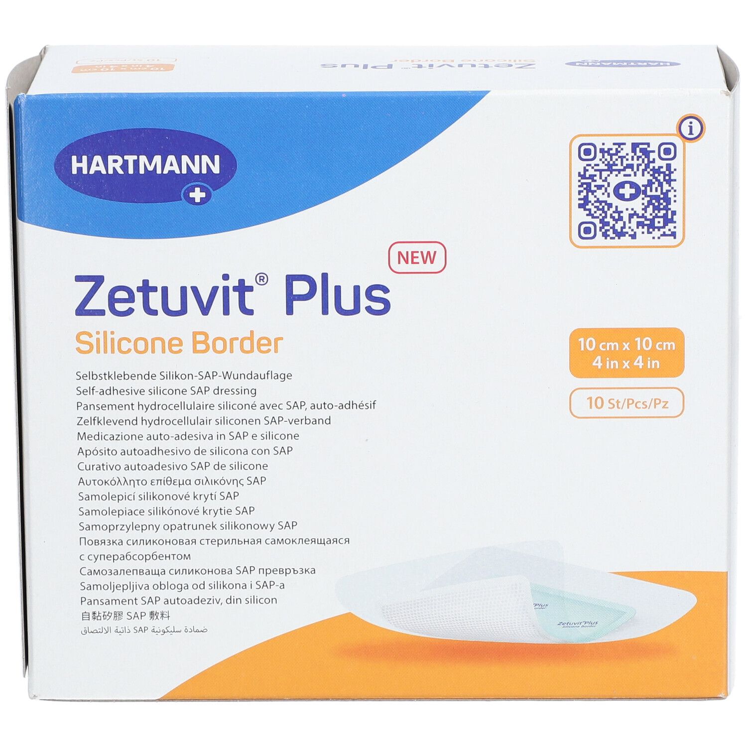 Vista frontale della confezione Zetuvit® Plus Silicone Border. Mostra nome prodotto, marchio Hartmann, dimensioni e contenuto. Contiene 10 pezzi.