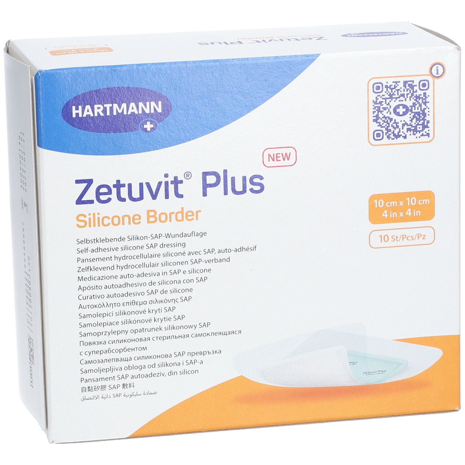 Vista frontale della confezione Zetuvit® Plus Silicone Border. Mostra nome prodotto, marchio Hartmann, dimensioni e contenuto. Contiene 10 pezzi.