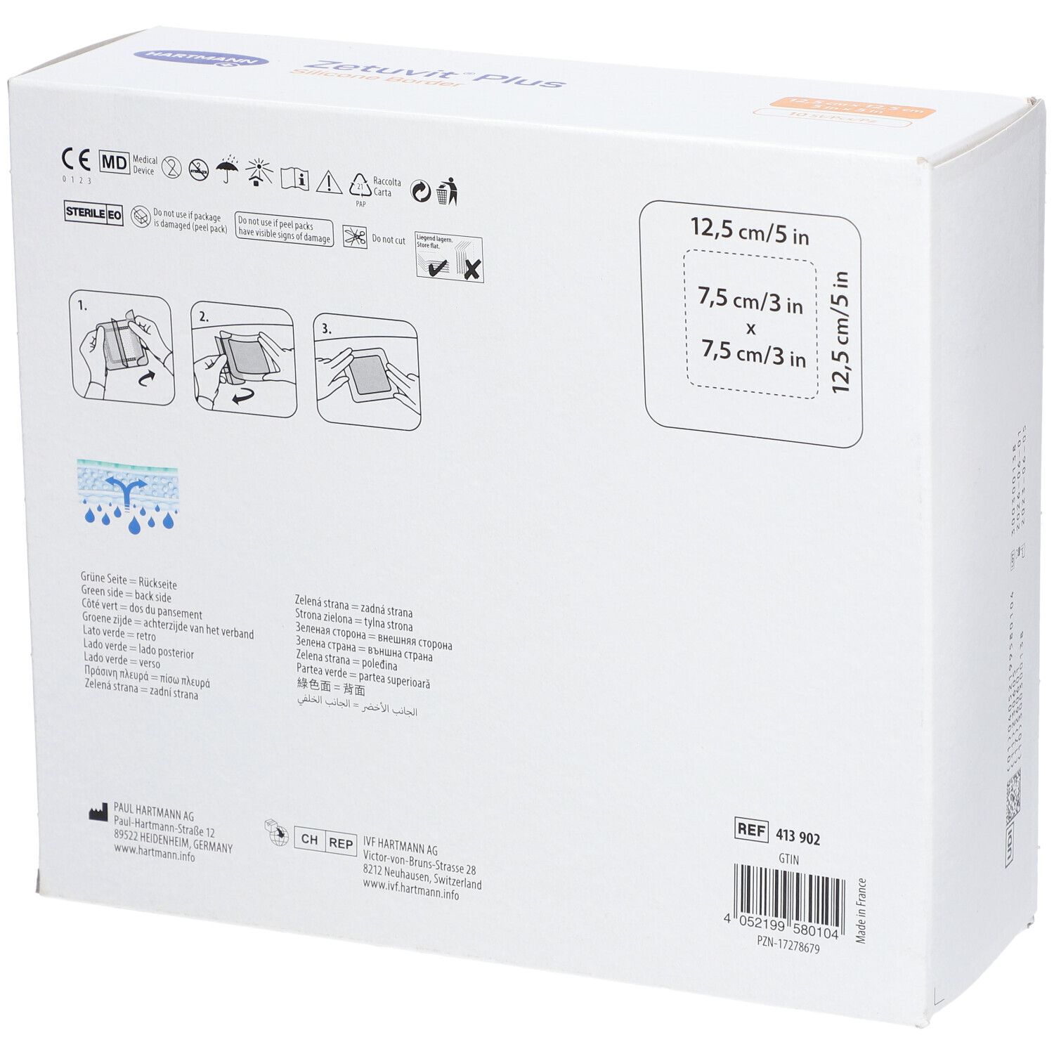 Retro della confezione Zetuvit® Plus Silicone Border. Informazioni sull'uso e le dimensioni.