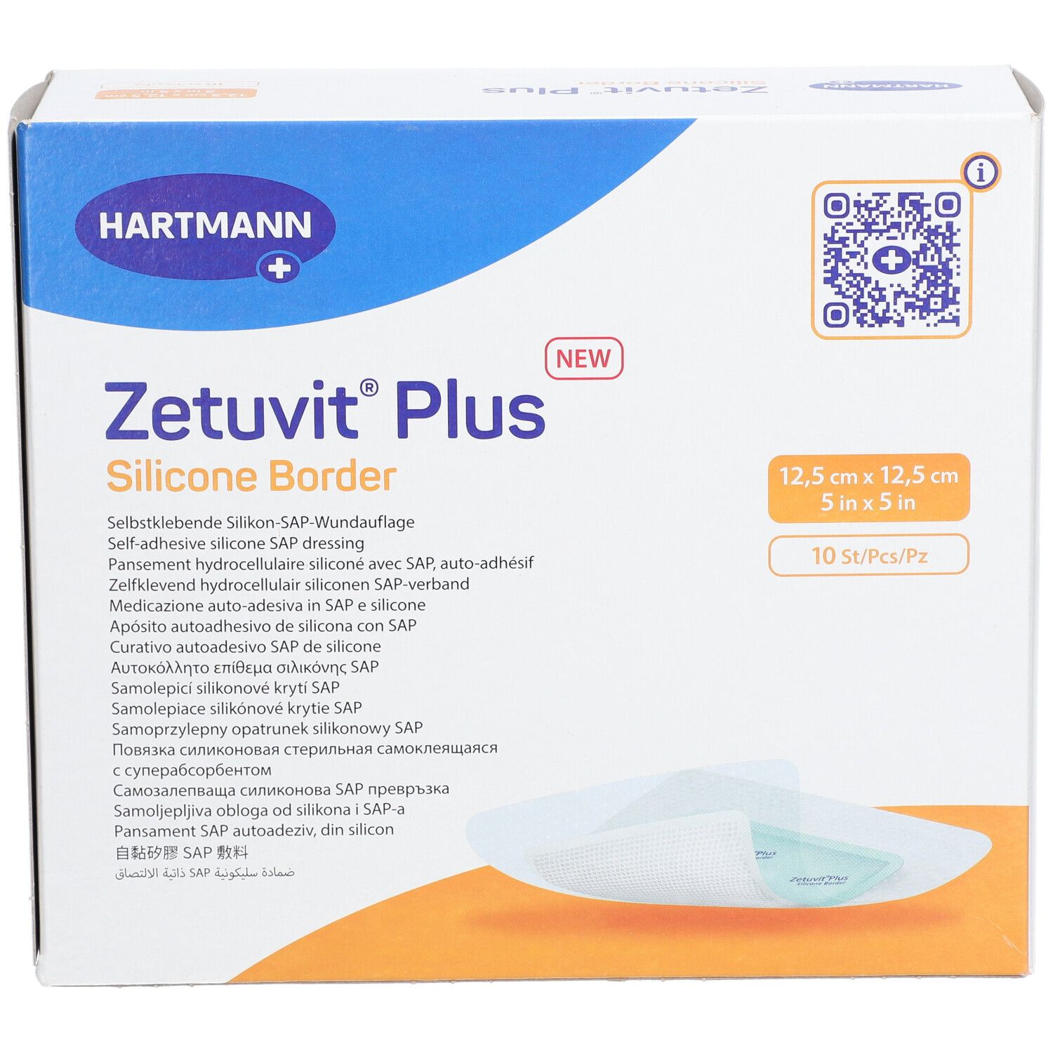 Confezione di Zetuvit® Plus Silicone Border. Dimensione: 12,5 x 12,5 cm. Marca Hartmann. 10 pezzi.