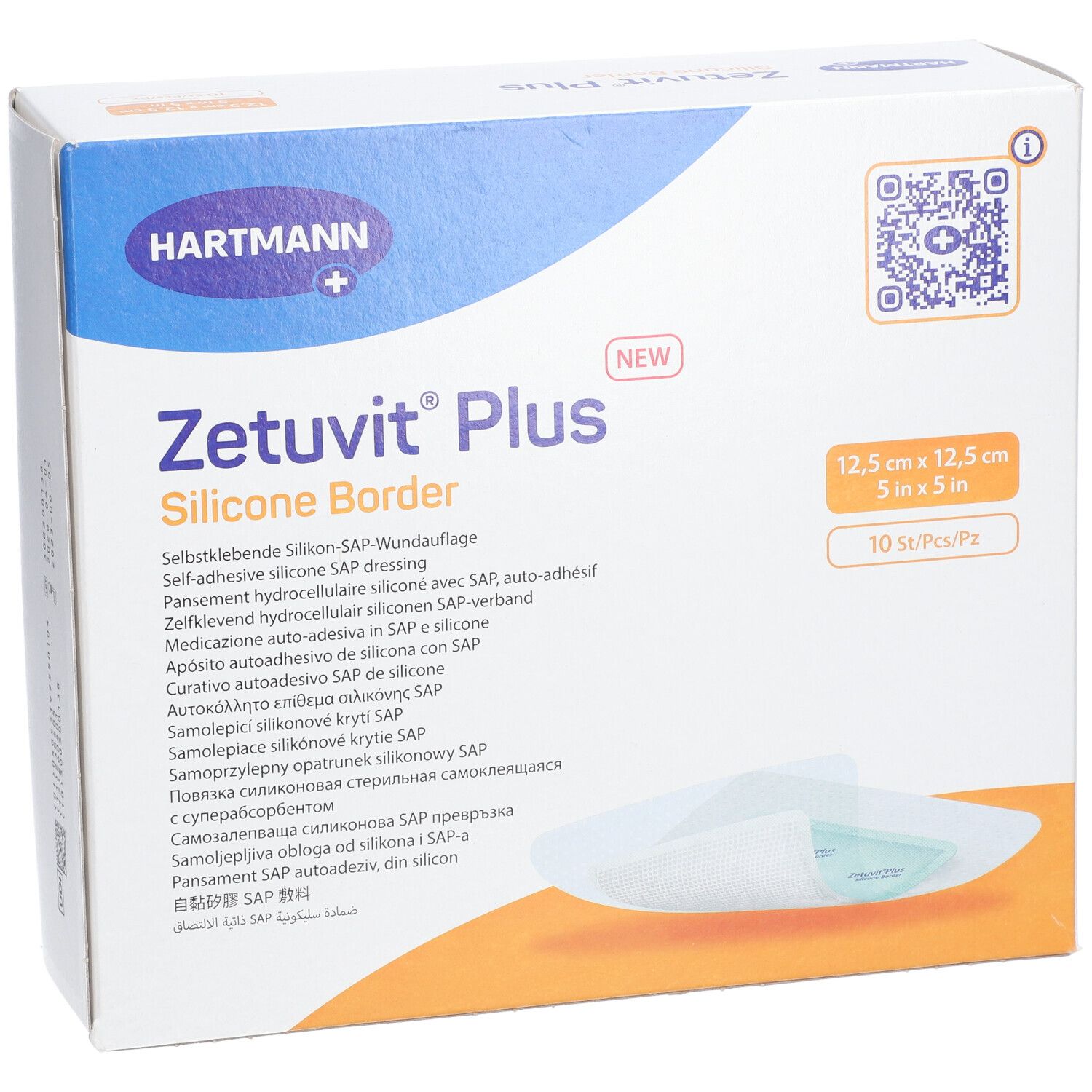 Confezione di Zetuvit® Plus Silicone Border. Dimensione: 12,5 x 12,5 cm. Marca Hartmann. 10 pezzi.