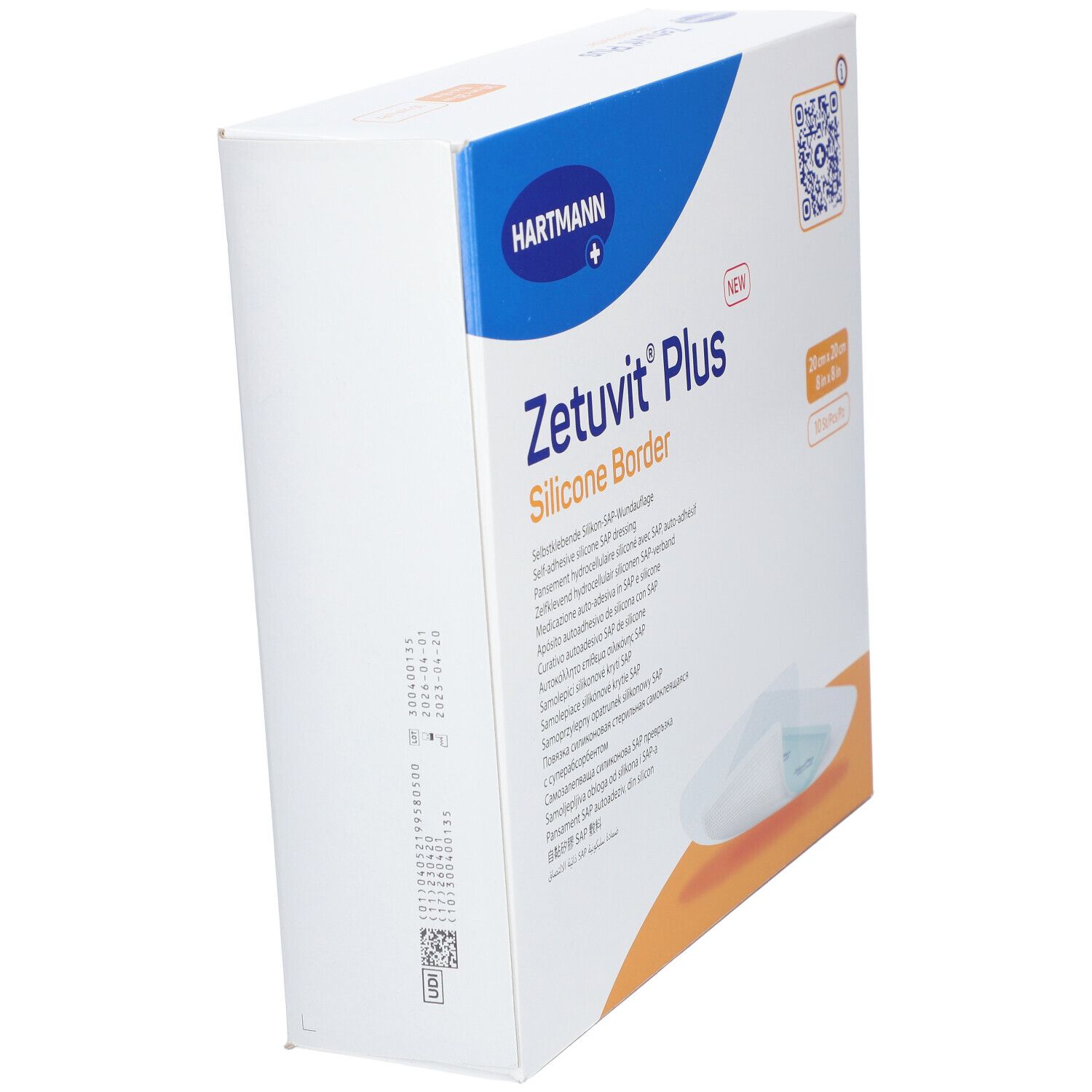 Confezione Zetuvit® Plus Silicone Border. Vista angolare. Marchio Hartmann. Testo e codice QR. Informazioni prodotto.