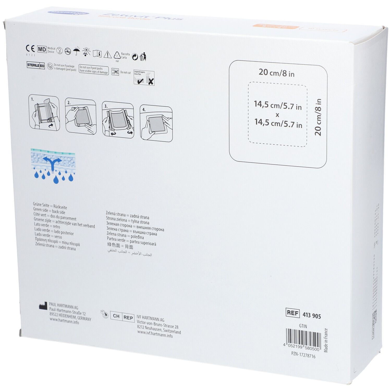 Retro della confezione Zetuvit® Plus Silicone Border. Informazioni prodotto, illustrazioni, dimensioni, codice QR.
