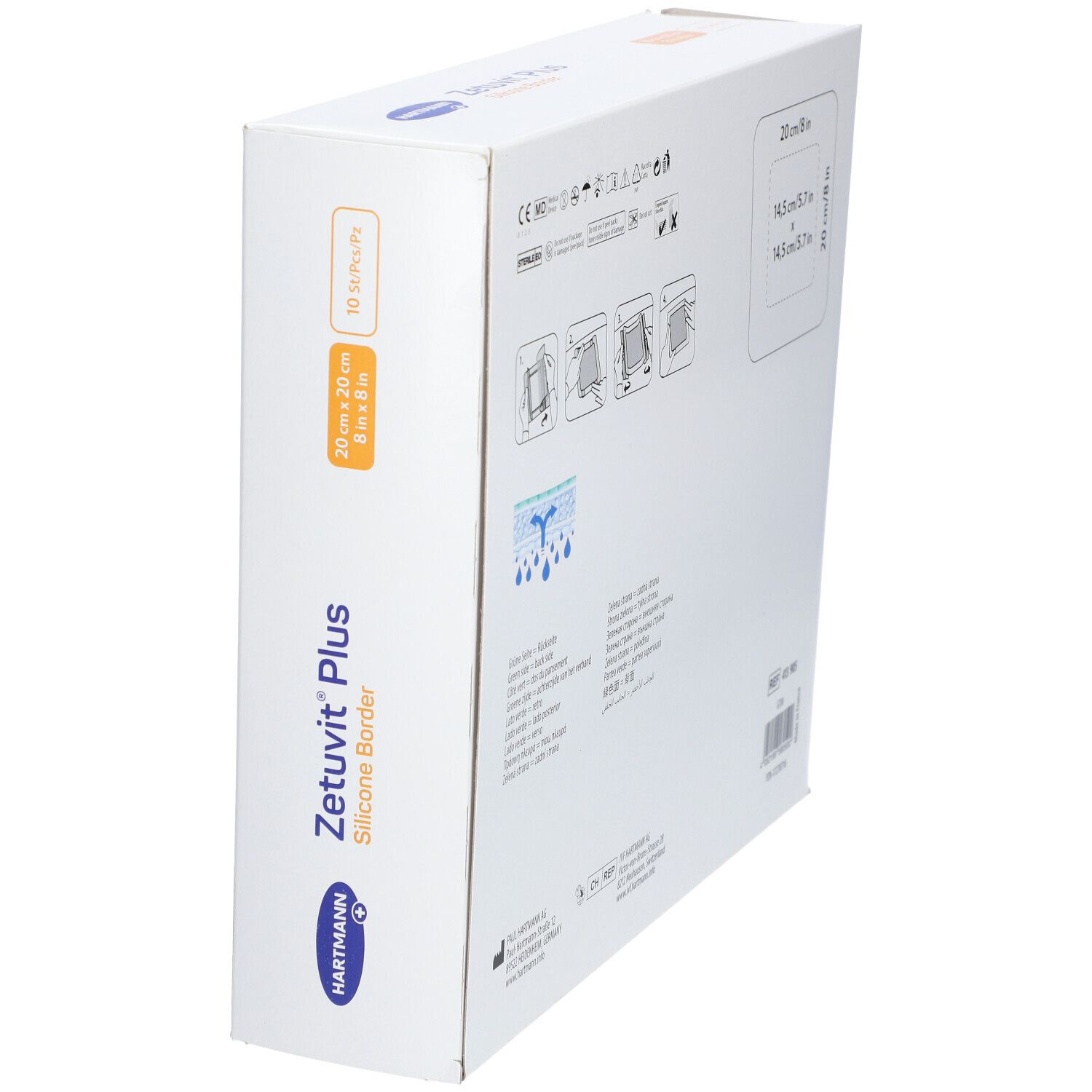 Confezione Zetuvit® Plus Silicone Border. Vista laterale. Dimensioni. 10 pezzi. Marchio Hartmann.