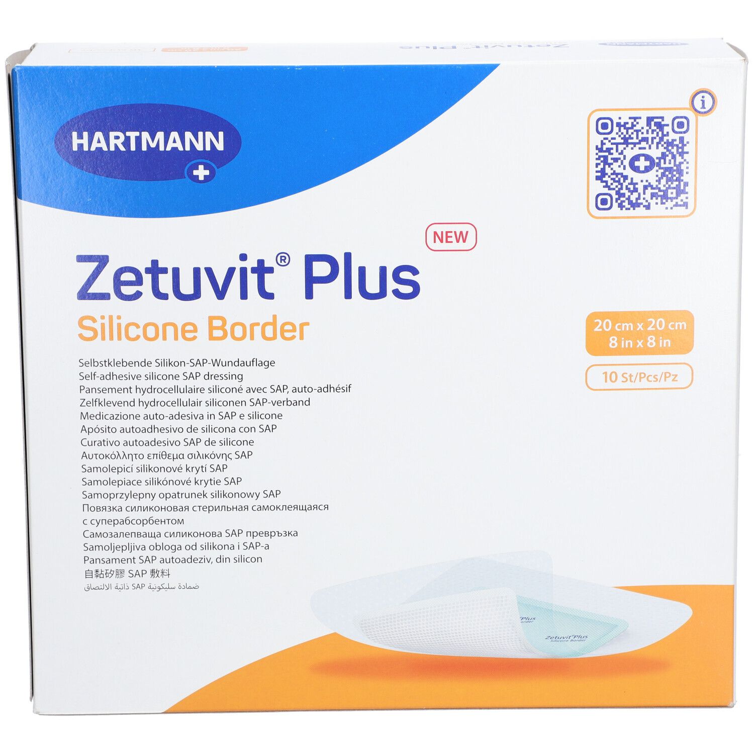 Confezione Zetuvit® Plus Silicone Border. Vista frontale. 20x20 cm. 10 pezzi. Marchio Hartmann. Scritte multilingue.