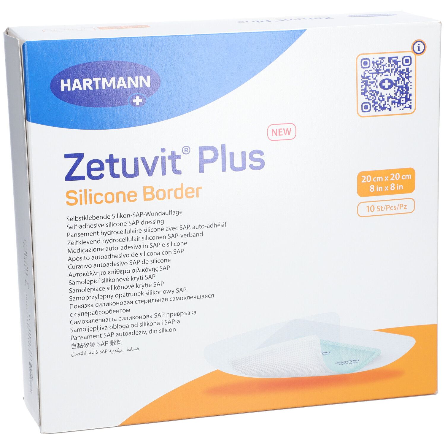 Confezione Zetuvit® Plus Silicone Border. Vista frontale. 20x20 cm. 10 pezzi. Marchio Hartmann. Scritte multilingue.
