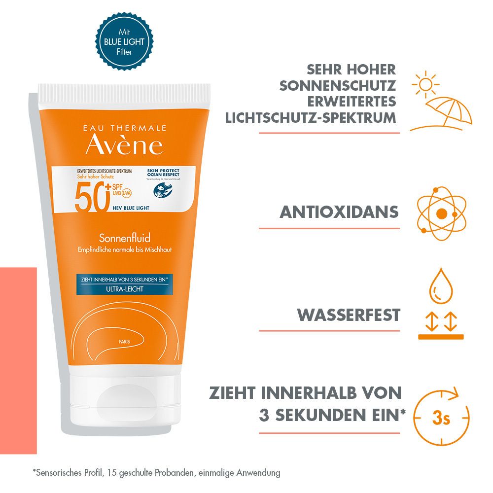 Tubo di fluido solare arancione, icone e testo. Marca Avène, SPF 50+. Per pelli sensibili, normali e miste. Resistente all'acqua.