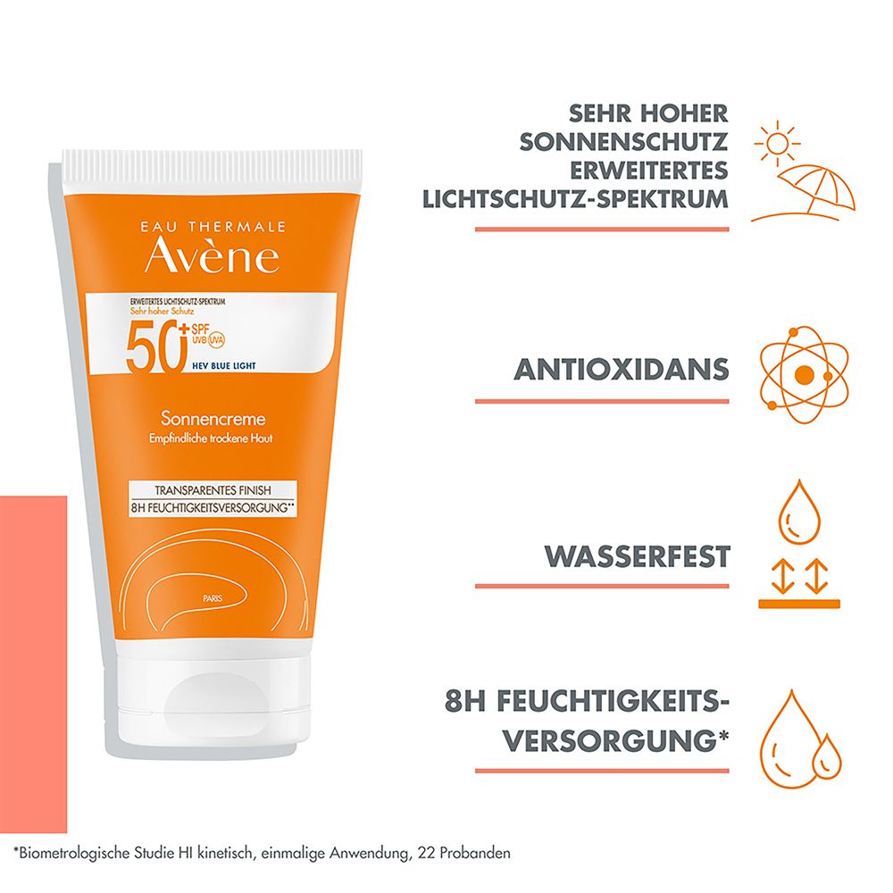 Tubo arancione Avène, crema solare SPF 50+. Testo: Finitura trasparente, idratazione 8h. Ulteriori informazioni testuali.