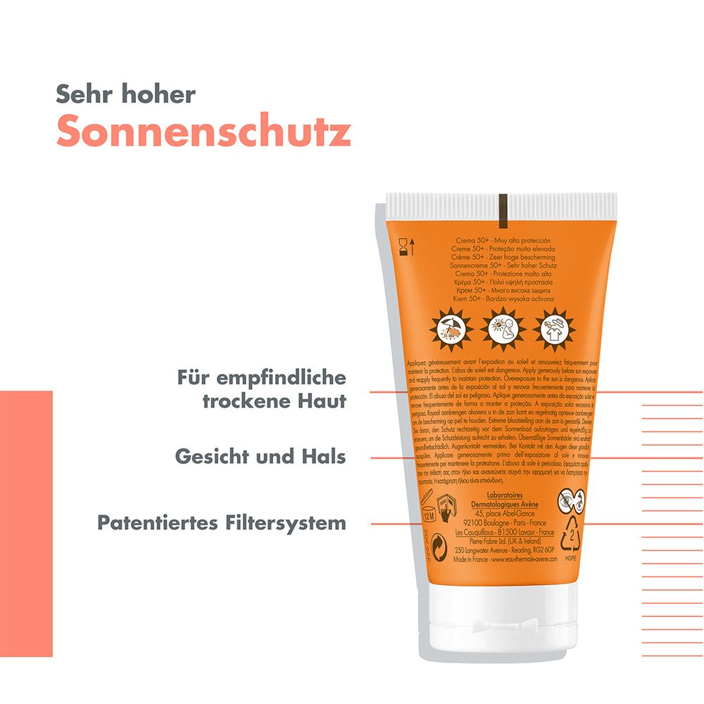 Retro di un tubo arancione Avène crema solare. Testo: Per pelli sensibili e secche. Sistema filtrante brevettato.