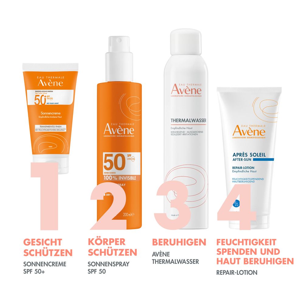 Tre creme solari Avène. Sonnencreme, Sonnenfluid, Intense Protect. Testo: Per pelli sensibili, finitura trasparente.
