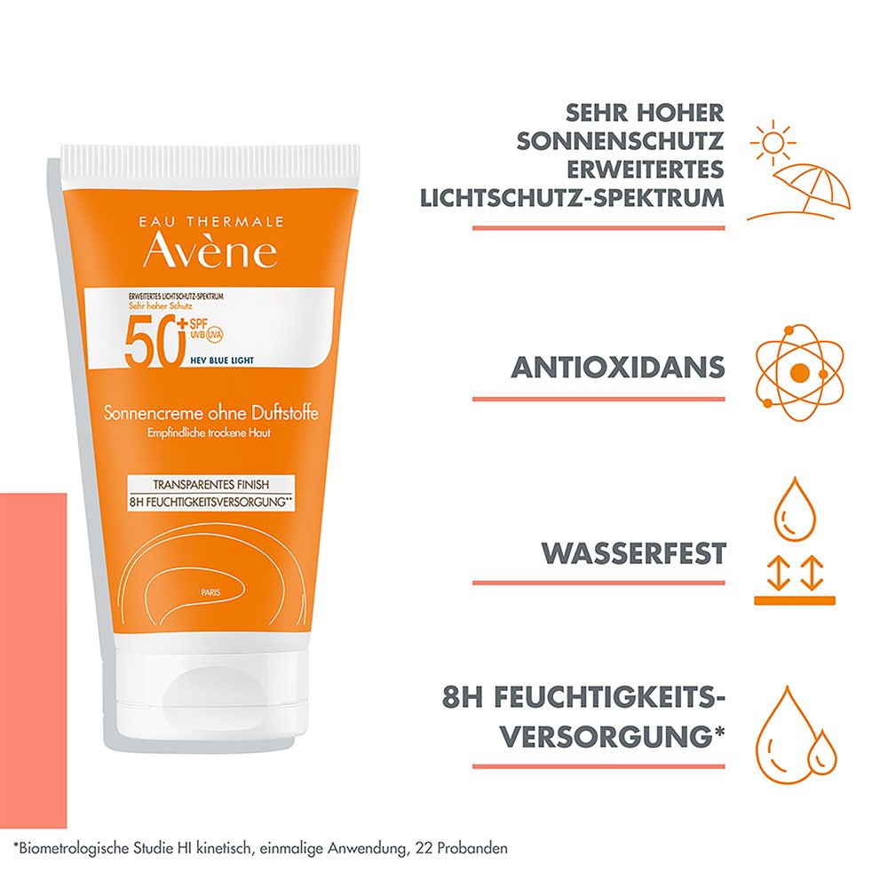 Tubo arancione Eau Thermale Avène crema solare SPF 50+ senza profumo. Testo e icone: antiossidanti, resistente all'acqua, 8h idratazione.