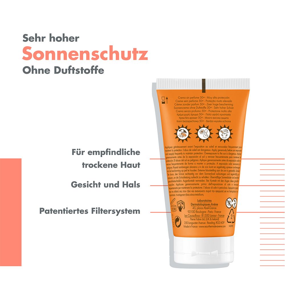 Retro del tubo di crema solare. Testo: Per pelli sensibili e secche. Viso e collo. Sistema filtrante brevettato. Informazioni.