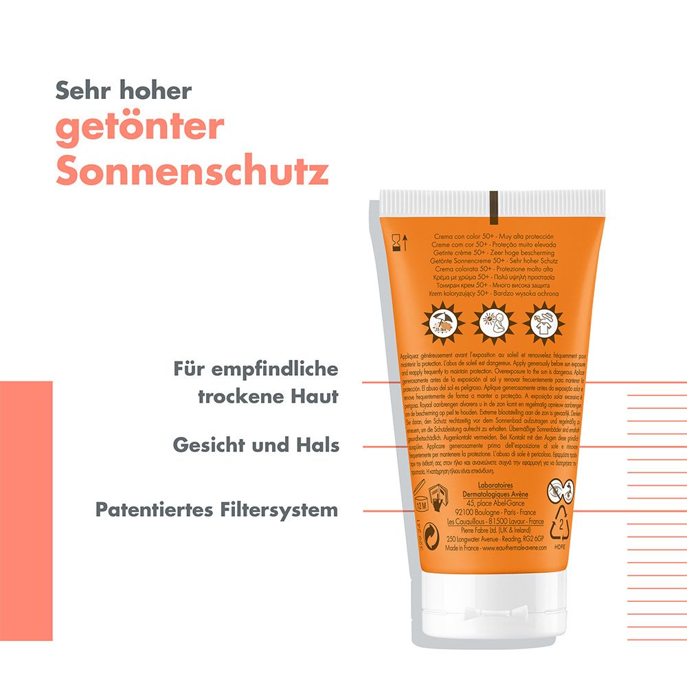 Retro del tubo di crema solare. Testo: Per pelli sensibili e secche, viso e collo. Sistema filtrante brevettato.