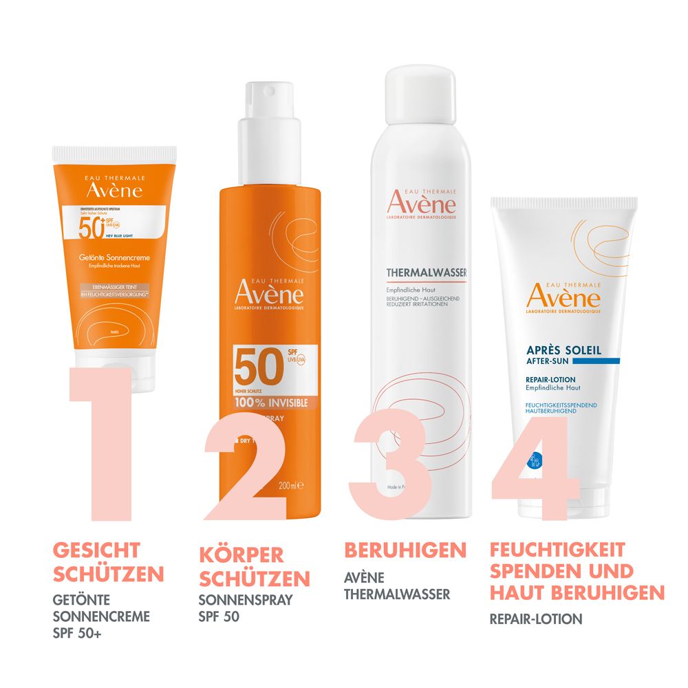 Tre creme solari affiancate. Testo: Getönte Sonnencreme SPF 50+, Getöntes Sonnenfluid SPF 50+, Intense Protect SPF 50+.