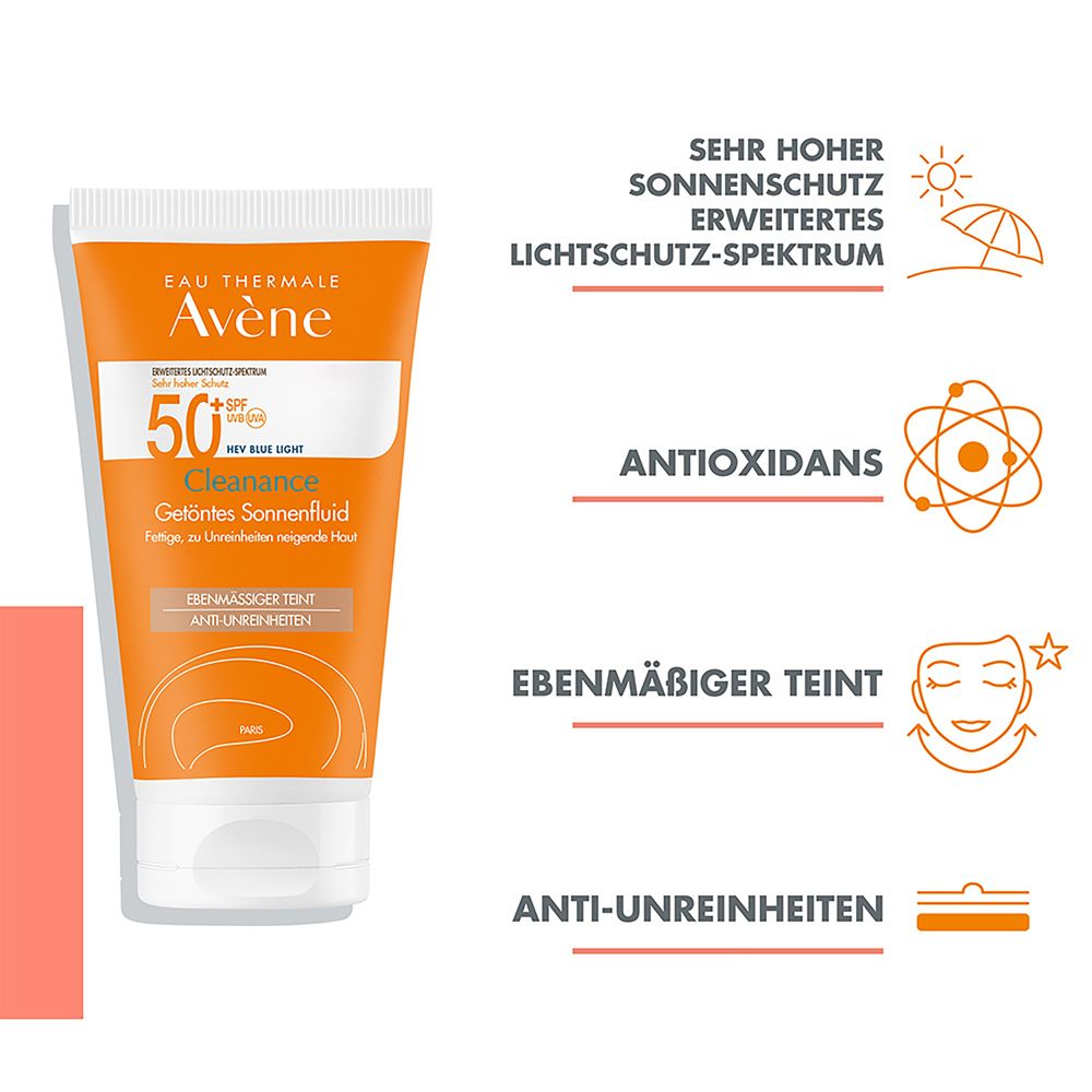 Tubo Avène Cleanance solare colorato SPF 50+. Arancione e bianco. Testo e logo. Grafica e testo aggiuntivi.
