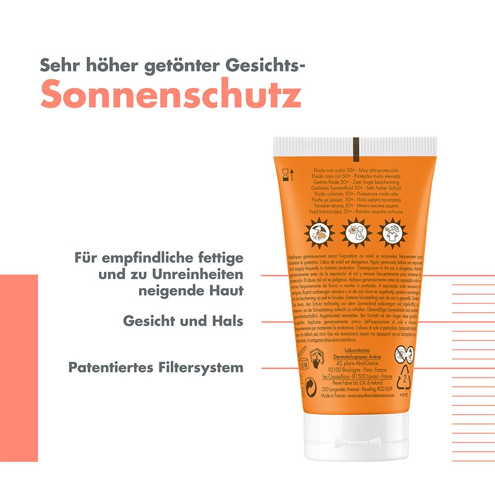 Retro del tubo Avène Cleanance solare colorato SPF 50+. Testo e loghi. Per pelli sensibili e grasse.