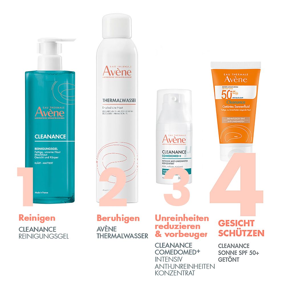 Quattro prodotti: gel detergente, acqua termale, emulsione opacizzante, fluido solare colorato. Testo e loghi.