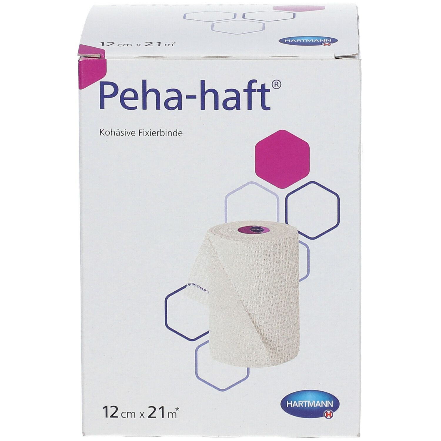 Confezione di Peha-haft Fixierbinde. Scritta: 12 cm x 21 m. Logo e nome del prodotto.