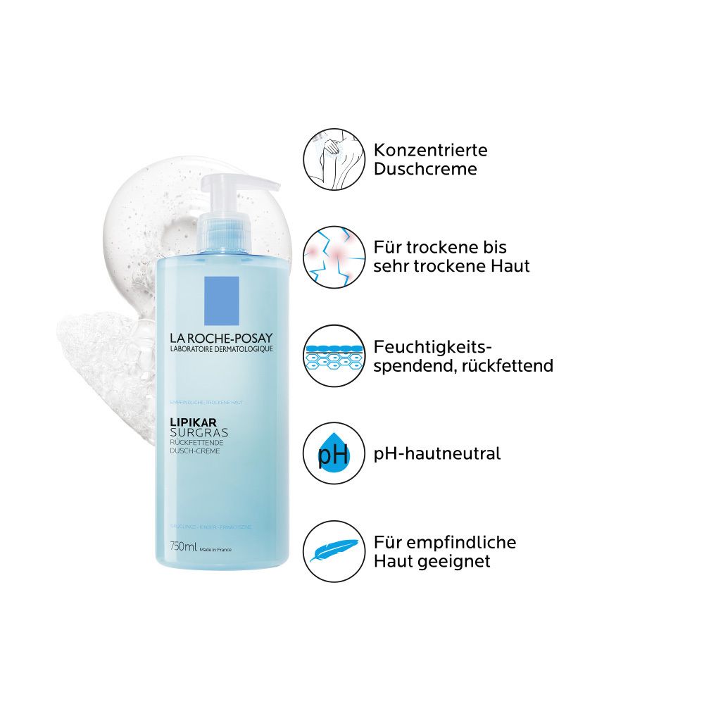 Crema doccia La Roche-Posay LIPIKAR SURGRAS, 750ml. Formula concentrata e idratante per pelli secche.