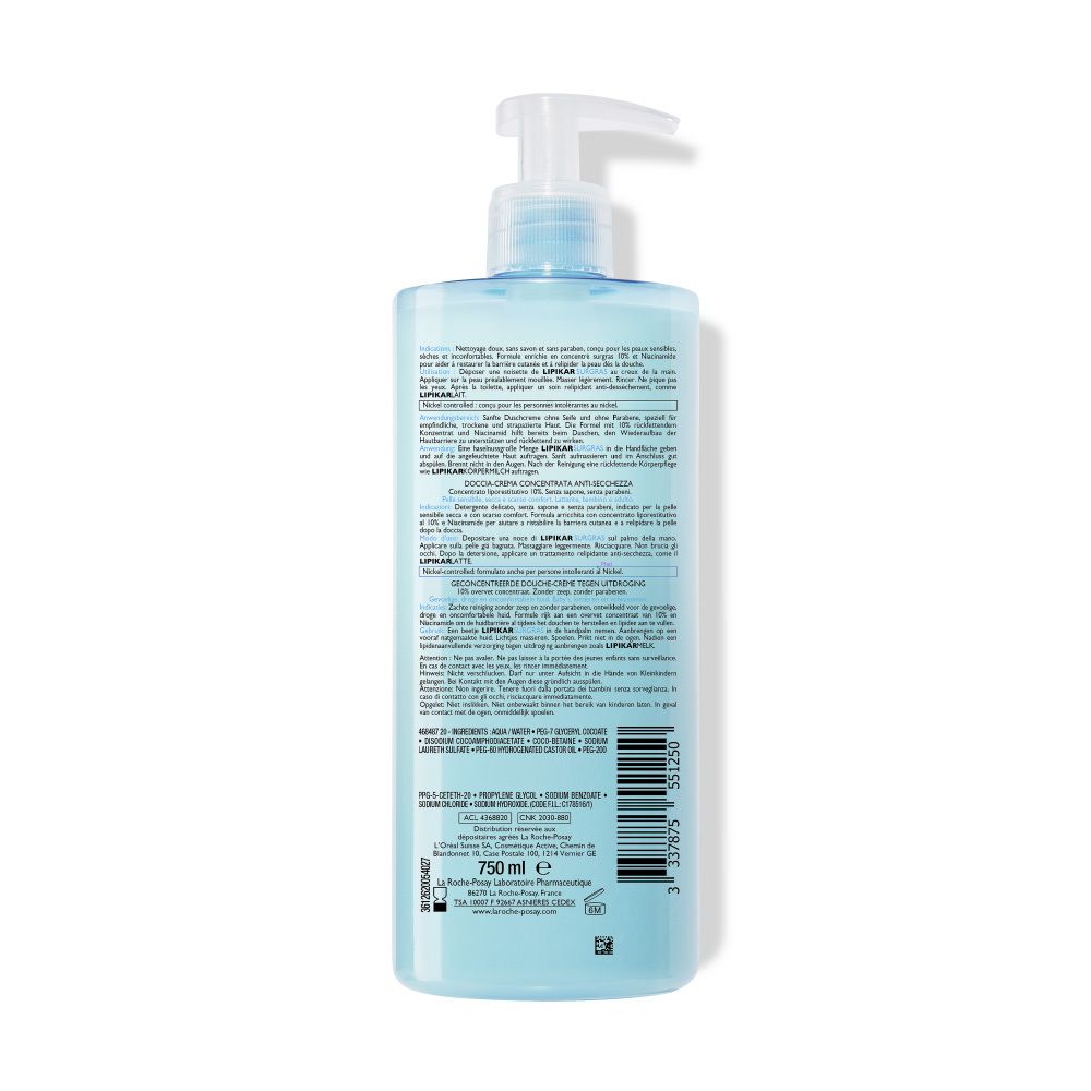 Flacone blu chiaro con pompa ed etichetta che elenca ingredienti e uso in più lingue. 750 ml.