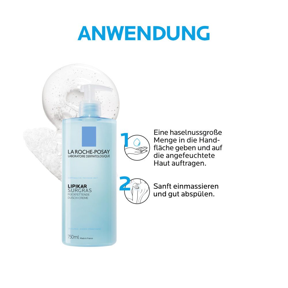 Crema doccia La Roche-Posay Lipikar Surgras in flacone blu chiaro con pompa, 750ml.