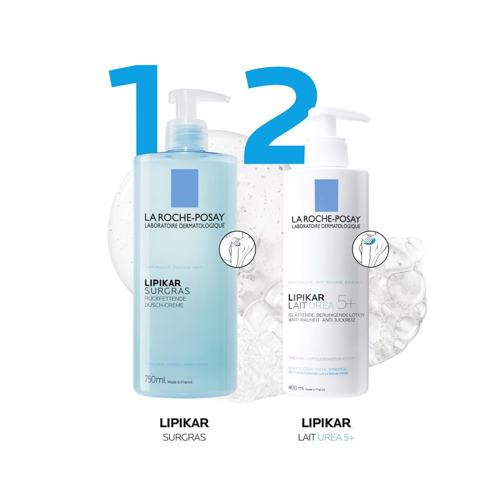 Due flaconi La Roche-Posay Lipikar: Surgras gel doccia (250ml) e Lait Urea 5+ latte corpo (400ml).