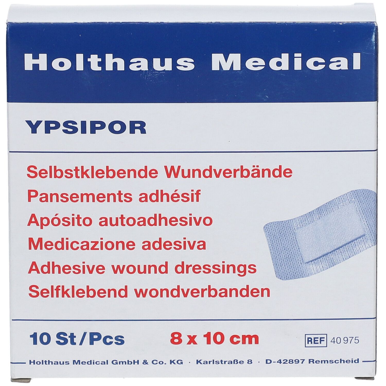 Fronte della confezione YPSIPOR medicazione adesiva, 10 pezzi, 8 x 10 cm.