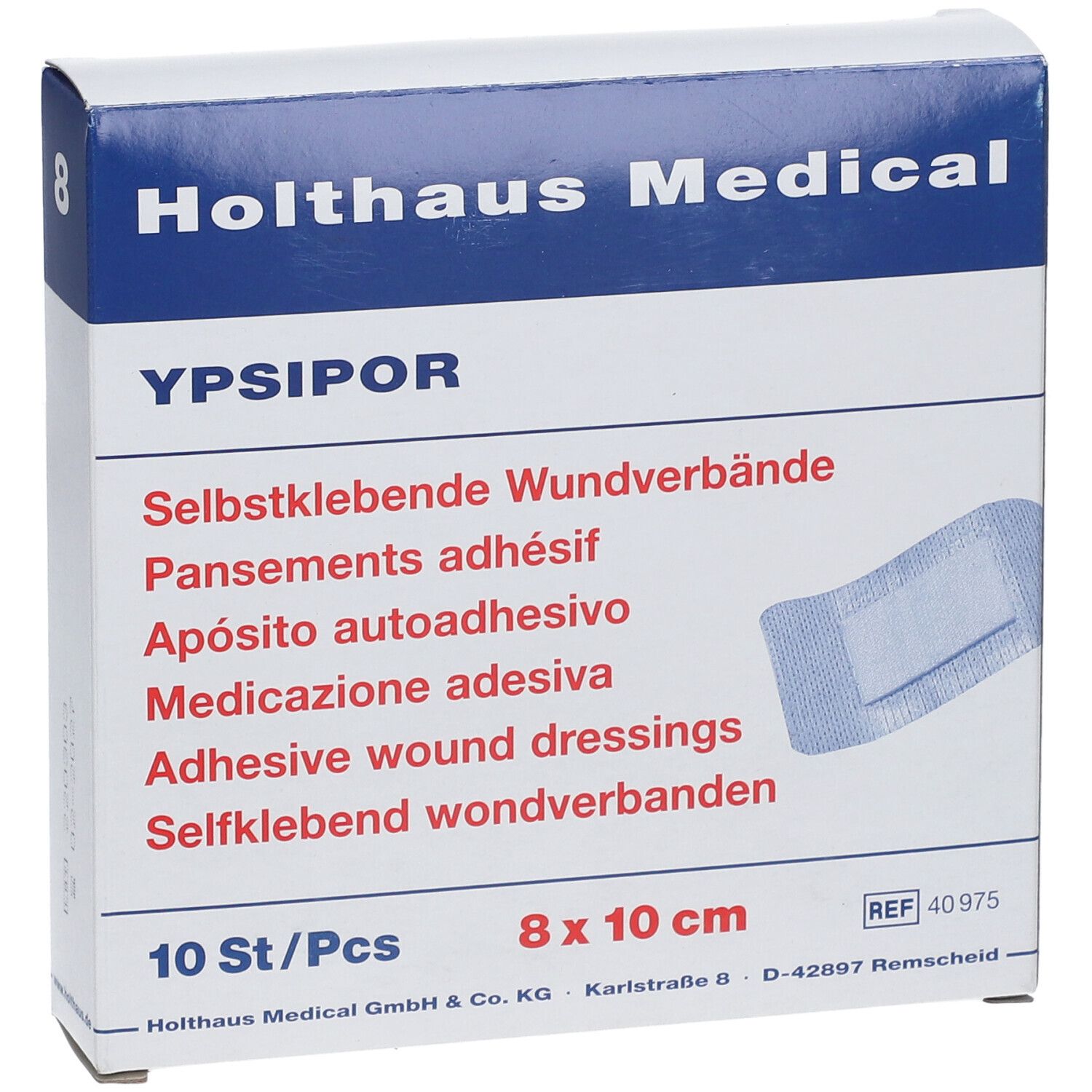 Fronte della confezione YPSIPOR medicazione adesiva, 10 pezzi, 8 x 10 cm.