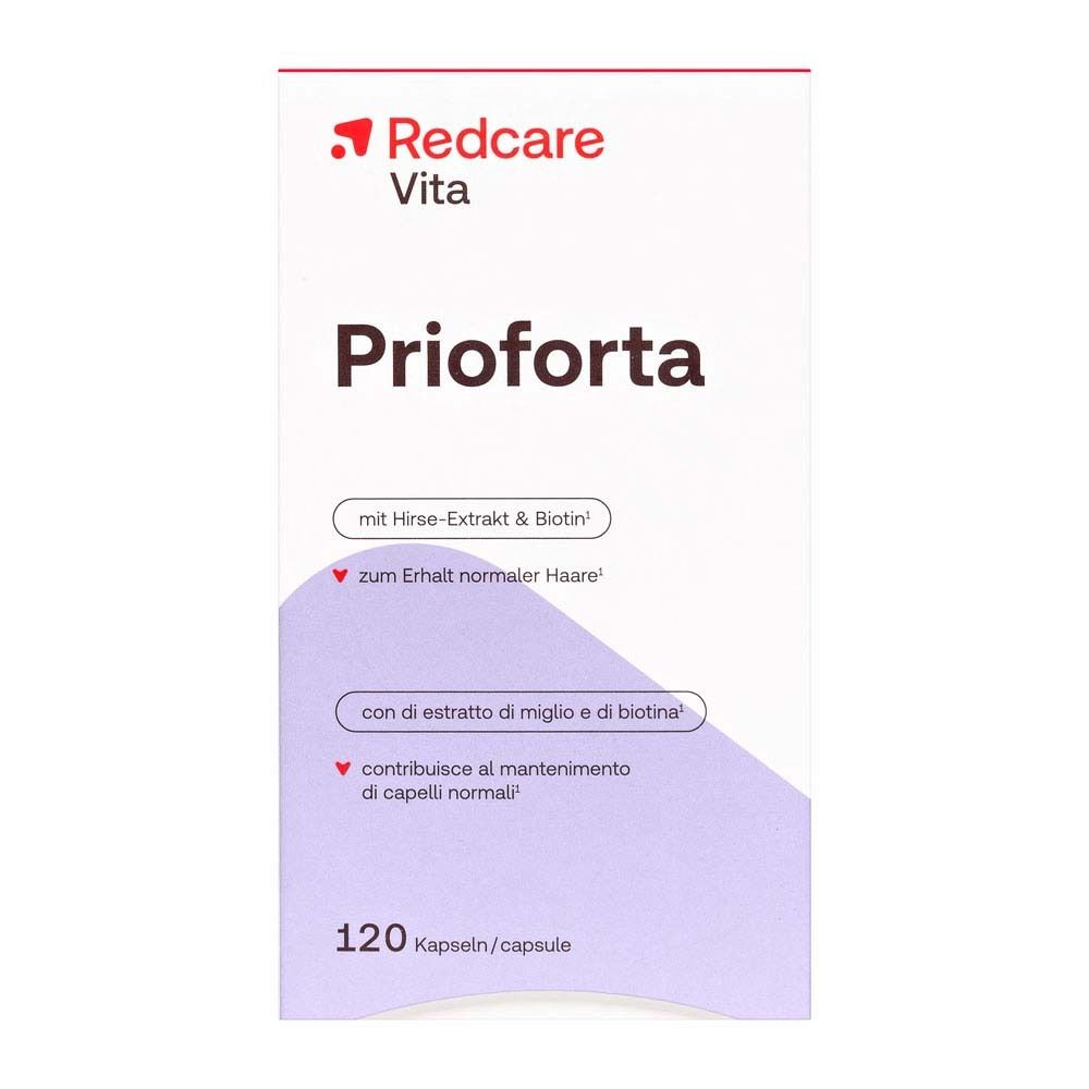 Scatola bianca con logo rosso. Scritta: Prioforta, 120 capsule. Contiene estratto di miglio e biotina.